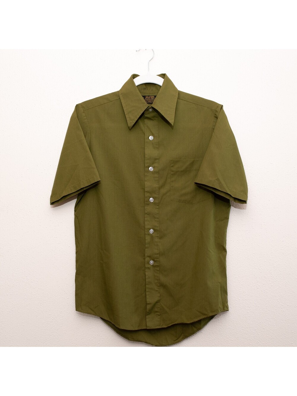 Vintage Put-On Shop Perma-Prest Button Down Shirt Olive 70s Mens S